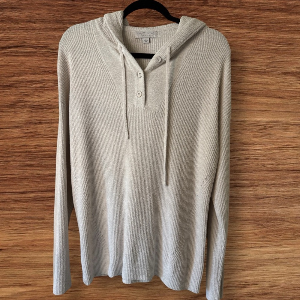 Barefoot Dreams CozyChic Ultra Lite Ribbed Henley Hoodie NWOT Large Almond